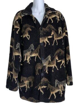 CHICOS Black Teddy Jacket Shacket with Tan Horses Print Womens Small Medium